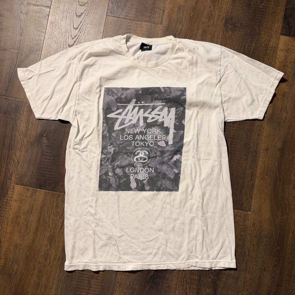 Stussy World Tour Shirt Mens Large White Floral International Graphic Skate Tee